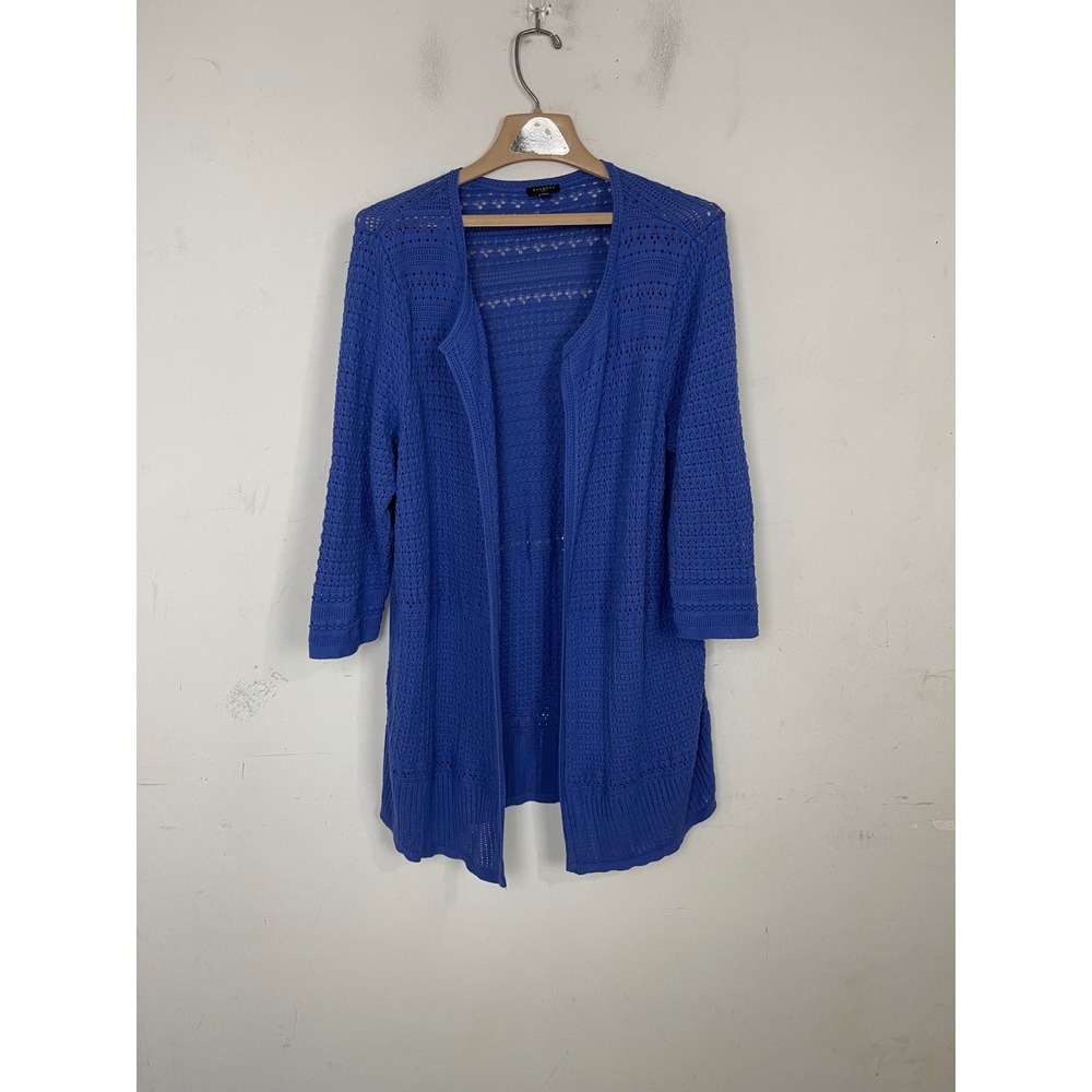 Talbots Plus Womens 1X Blue Pointelle Crochet Open Front‎ Cardigan 3/4 Sleeve